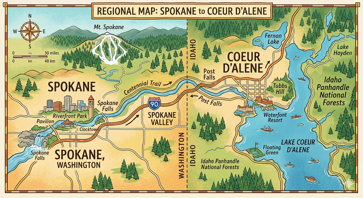Map showing Spokane and Coeur d'Alene service coverage